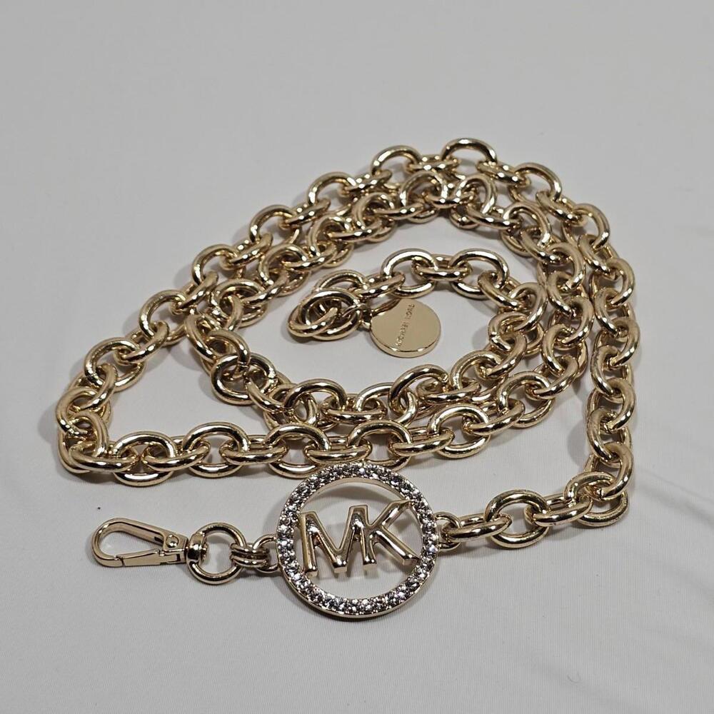 MICHAEL KORS Belt Gold &rhinestone Inlay MK Logo Metal Clip Chain Adjustable - Picture 1 of 8